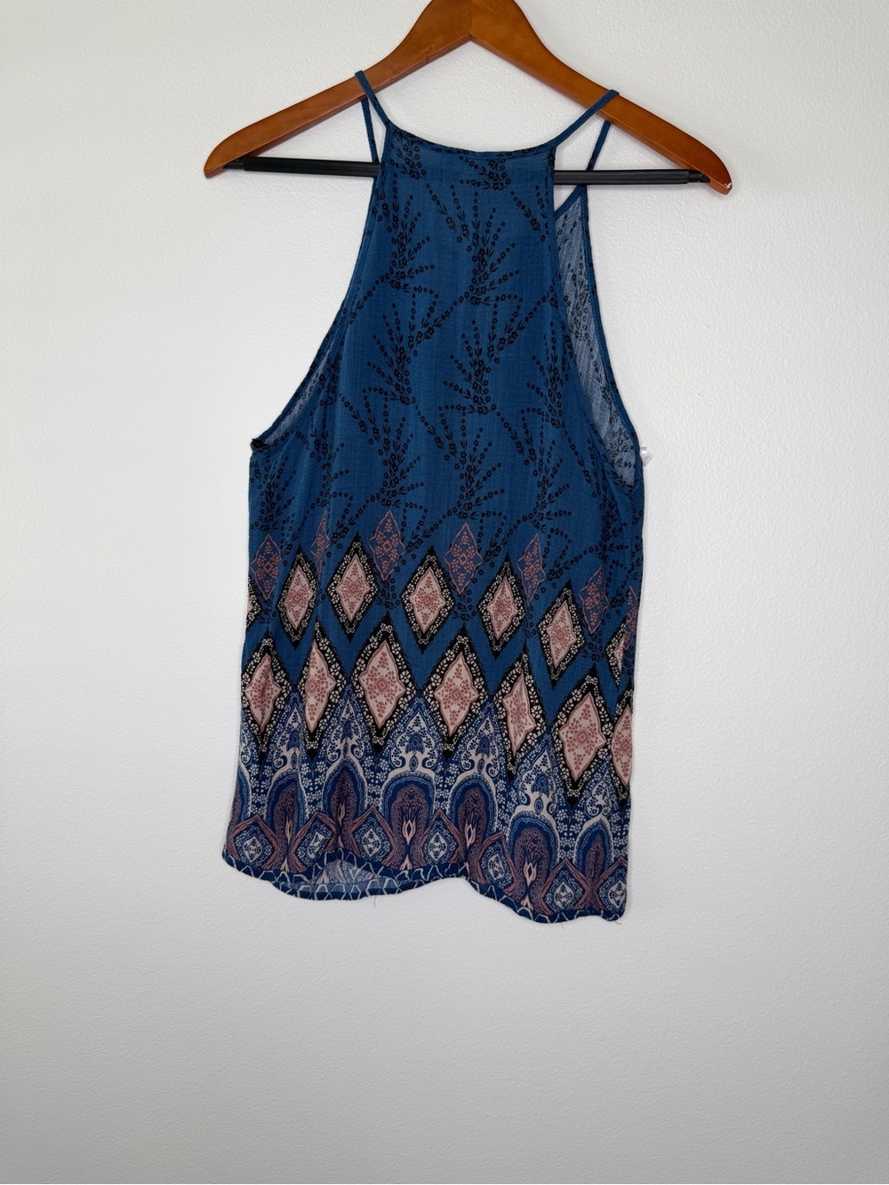 Monteau Los Angeles Boho Halter Tank Top Medium Blue Printed Flowy Festival - Picture 3 of 8